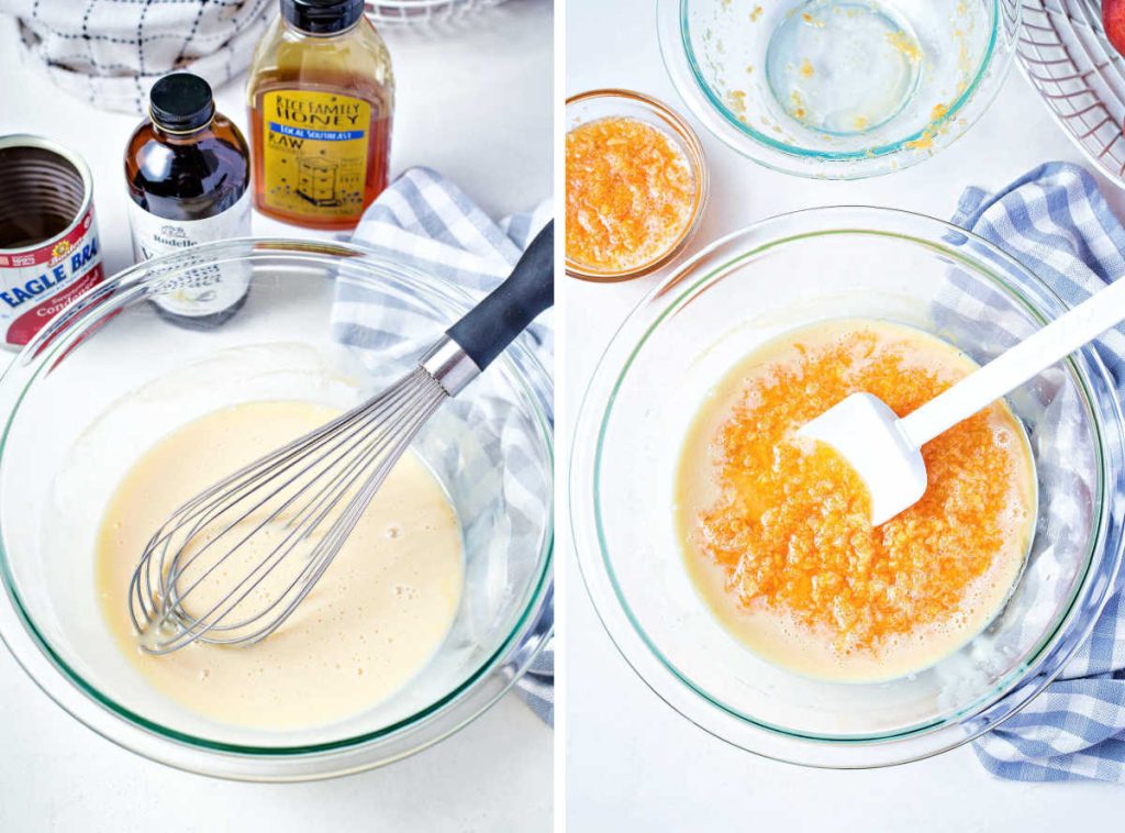 stirring blended peaches into a bowl of sweetened condense milk, vanilla, and honey.