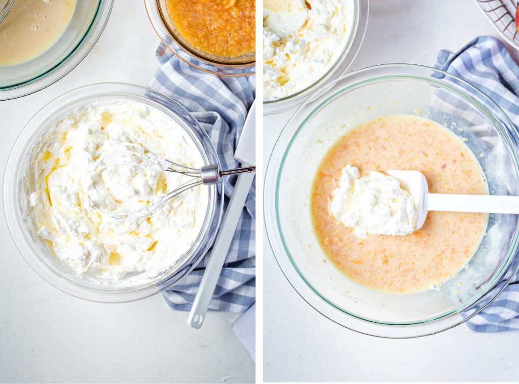 folding whipped cream into homemade peach ice cream base.