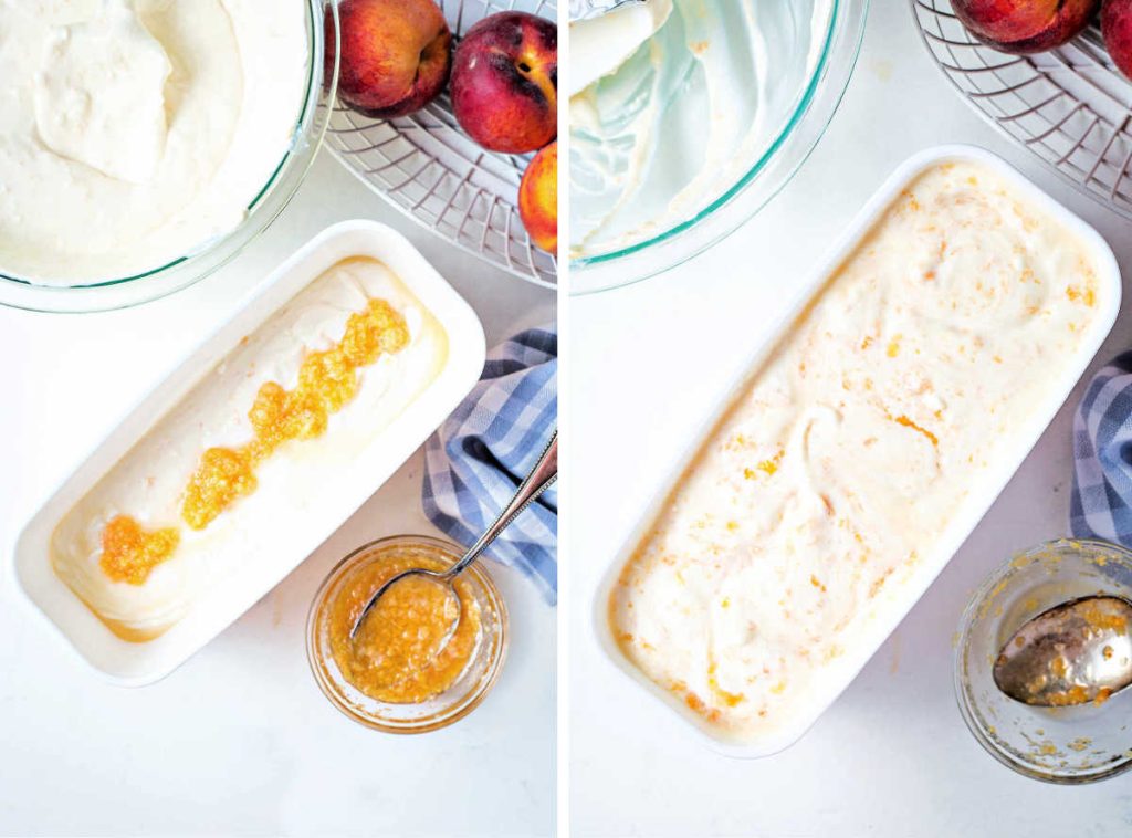 homemade peach ice cream in a freezer container with bits of peaches on top.