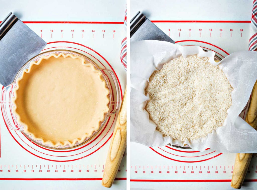 pie dough fitted into a pie plate with parchment paper and rice (in lieu of pie weights).