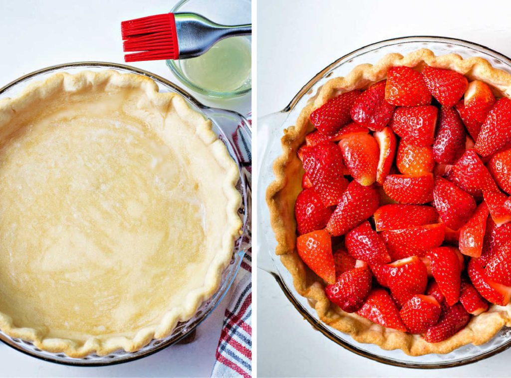 layering strawberries in a bake pie crust.