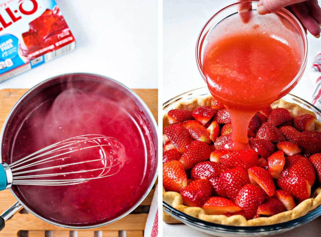 whisking strawberry jello into cornstarch and sugar mixture; pouring glaze over strawberry pie.
