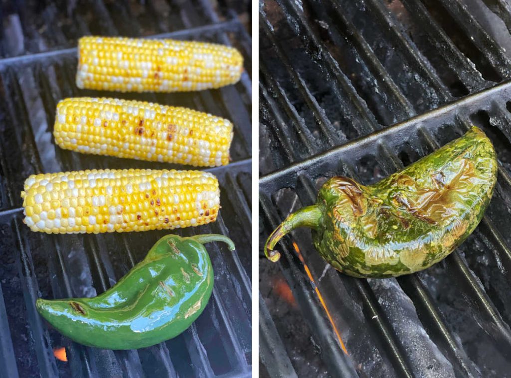 corn on the cob and a poblano pepper on a grill.
