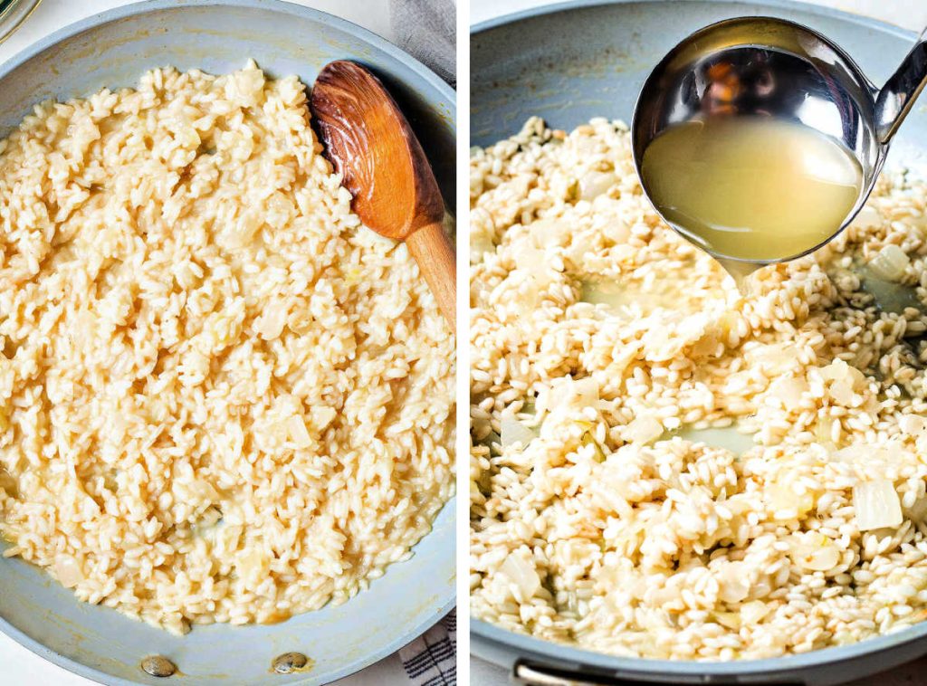 adding chicken broth to risotto in a skillet.