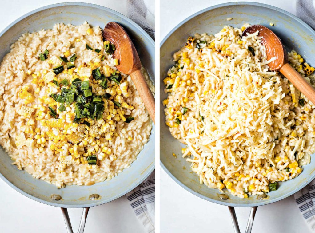 stirring veggies and cheese into arroz poblano in a skillet.