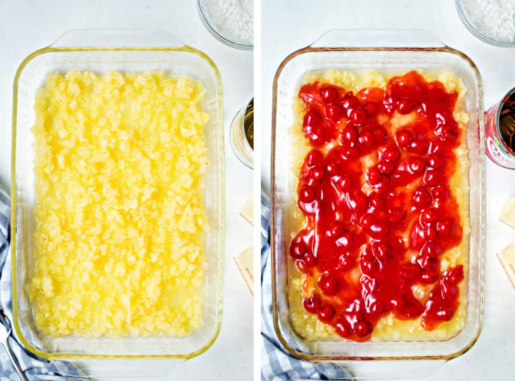 cherry dump cake process: crushed pineapple and cherry pie filling in a glass baking dish.