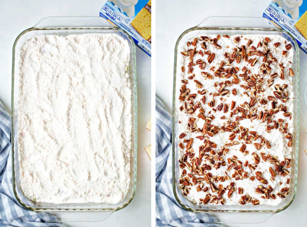 cherry dump cake process: add dry cake mix, then a layer of shredded coconut and chopped pecans.