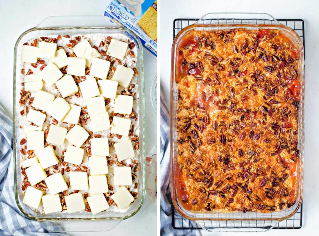 cherry dump cake process: add pats of butter on top of the other layers.