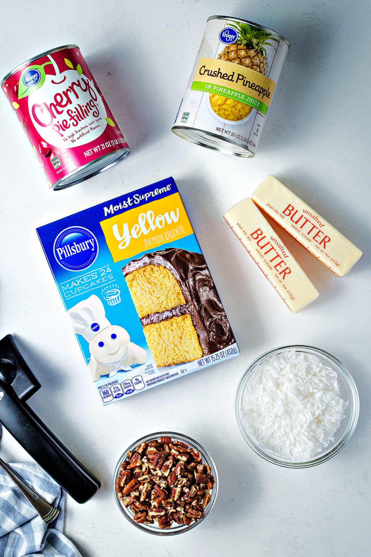 ingredients for cherry dump cake on a table.