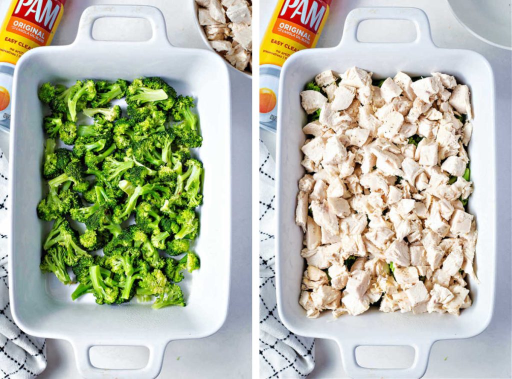 broccoli and chicken layered in a casserole dish for a casserole.