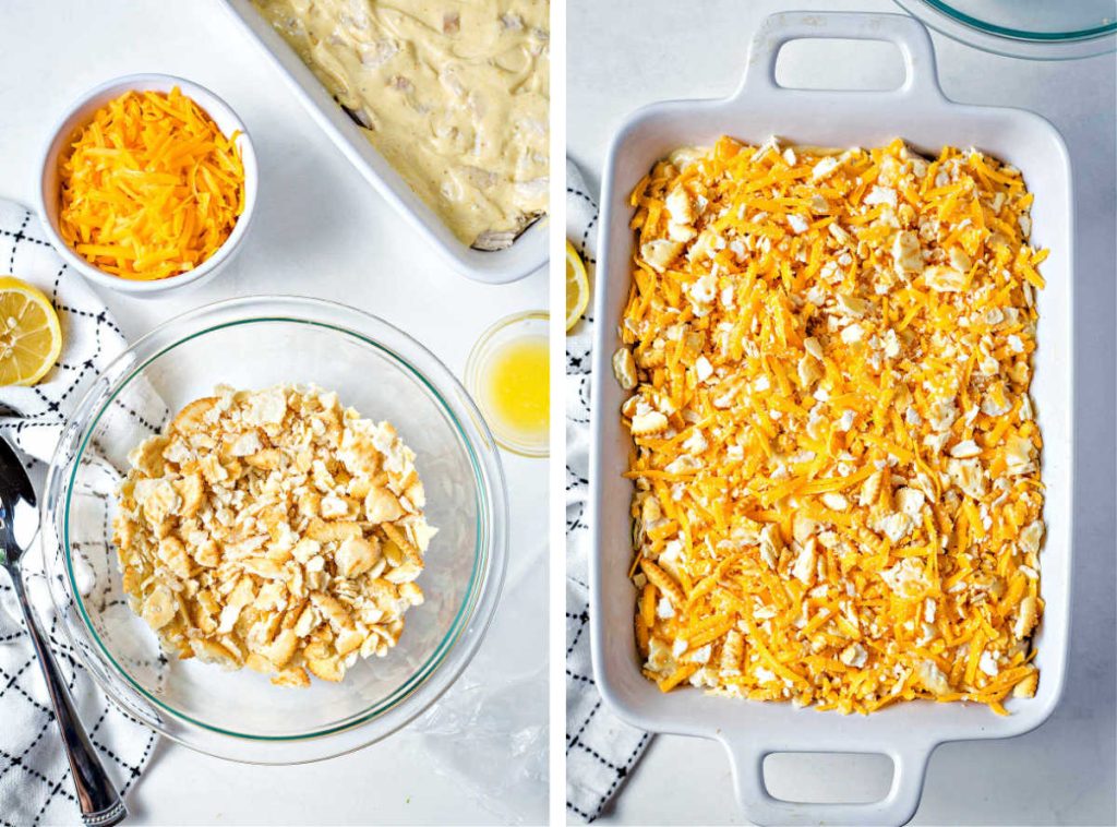 preparing a cheese and cracker topping for chicken broccoli casserole.