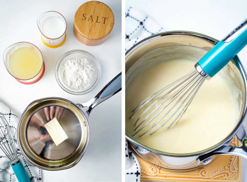 ingredients for making homemade cream soup on a table.