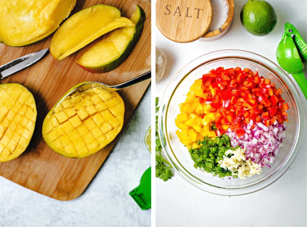 ingredients for mango salsa diced in a glass bowl to serve with fish tacos.