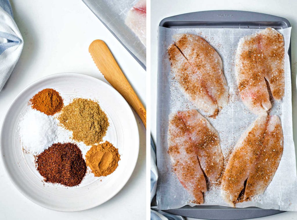 seasonings on a plate; tilapia sprinkled with seasonings laying on a parchment paper lined baking sheet.