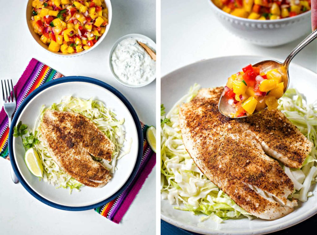 a bowl with cabbage slaw topped with a grilled piece of tilapia and a bowl of mango salsa and cilantro lime crema in the background.