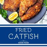 fried catfish on a stone platter with lemon wedges.