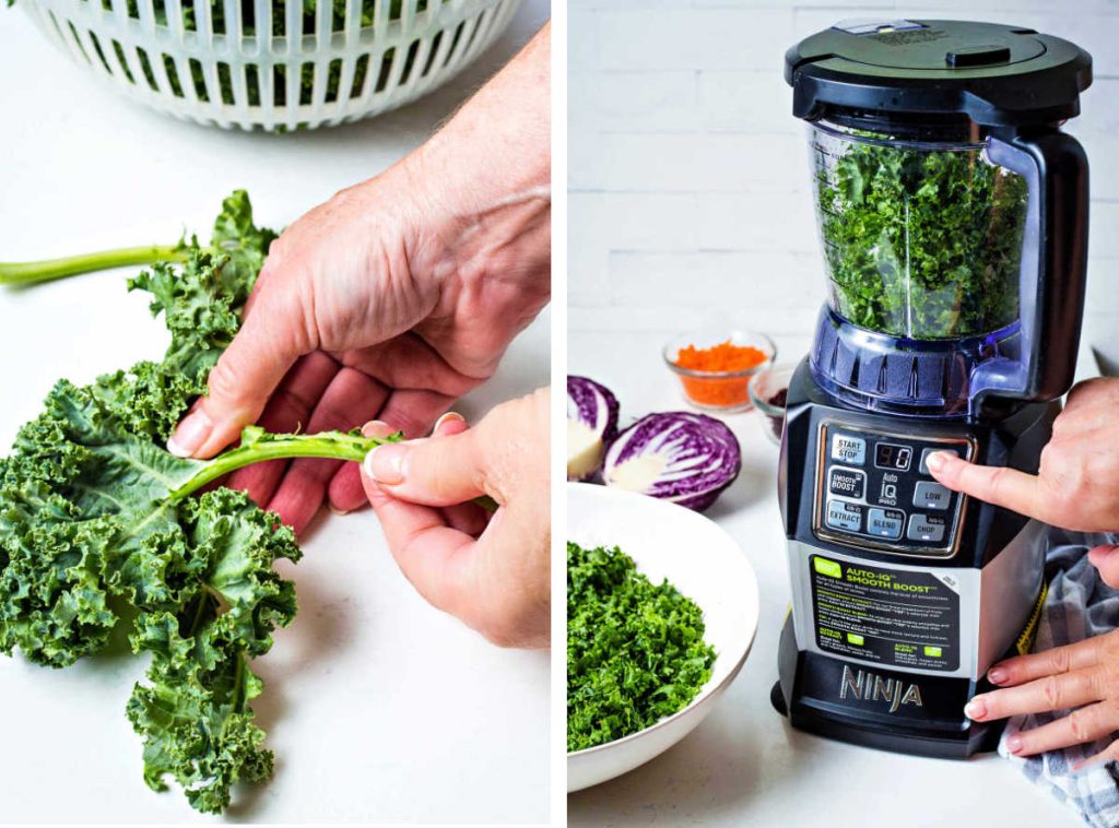removing the stem from kale; pulsing kale in a food processor.