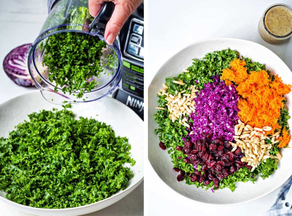 adding ingredients for kale slaw to a large bowl.