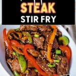 Pepper steak stir fry in a serving bowl on a table.
