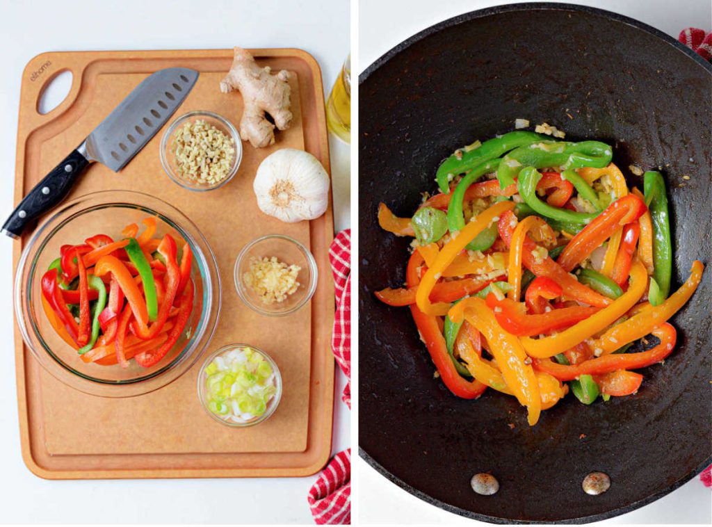 chopping and stir frying bell peppers, garlic, and ginger for pepper steak.