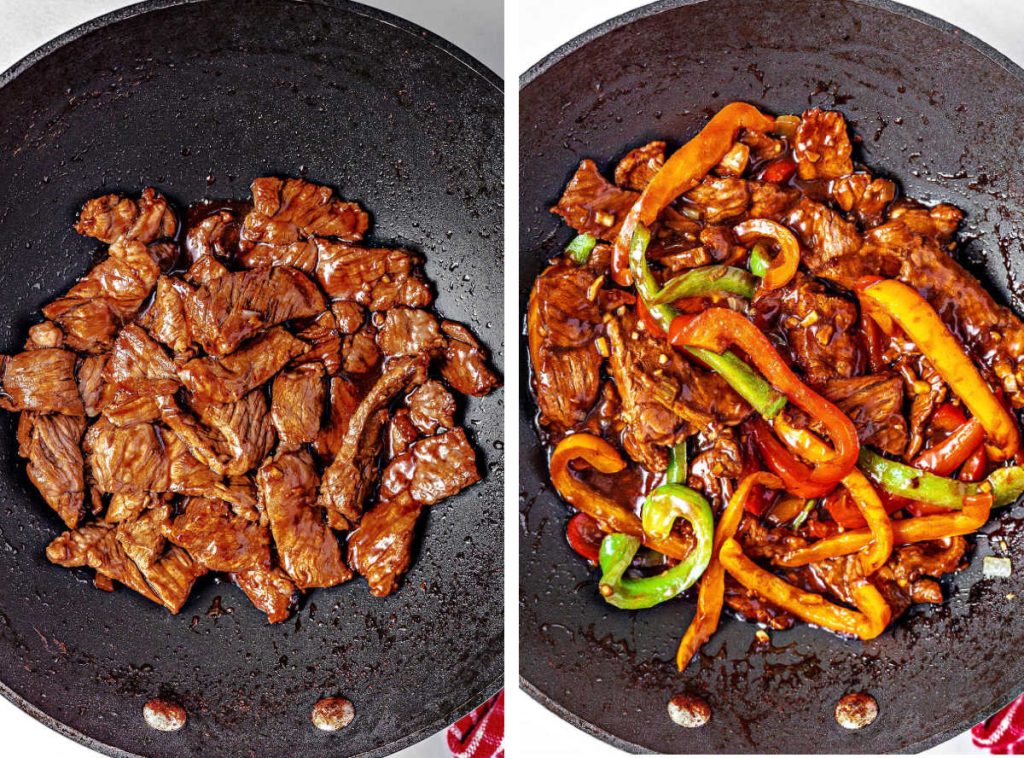 sliced beef in a wok; stir frying peppers and beef in a wok.