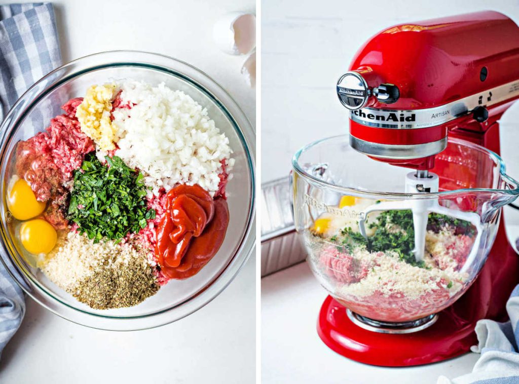 mixing ingredients for smoked meatloaf in a kitichen aid mixer.