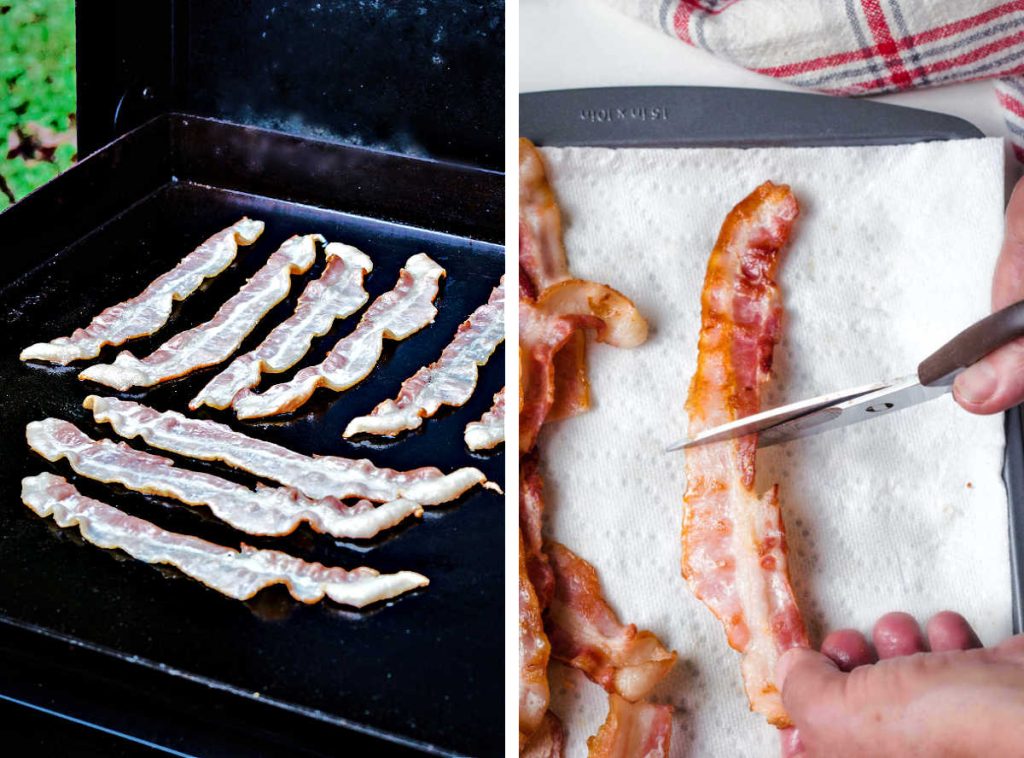 strips of bacon on a blackstone griddle; cutting strips of bacon in half with a pair of scissors.