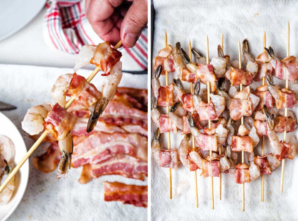 bacon wrapped shrimp on a skewer.