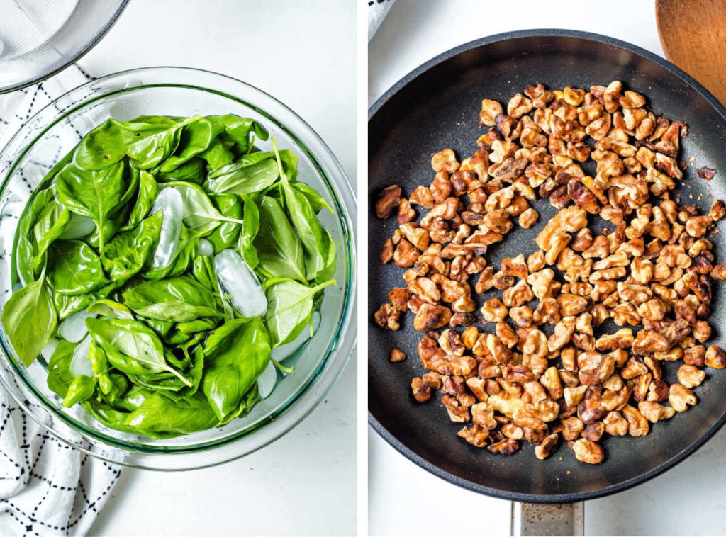 shocking basil in a bowl of ice water; toasted walnuts in a frying pan.