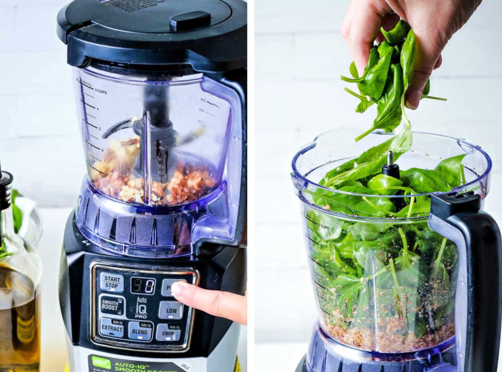 pulsing garlic and walnuts in a food processor; adding basil leaves to a food processor.