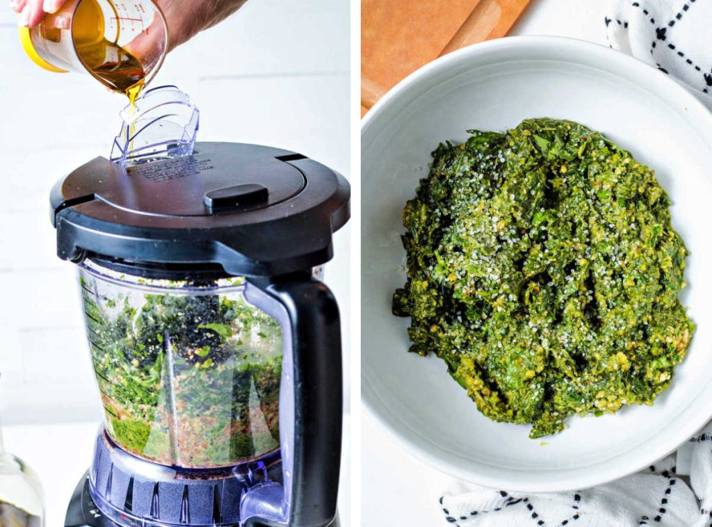 pouring olive oil through the shoot of a food processor.