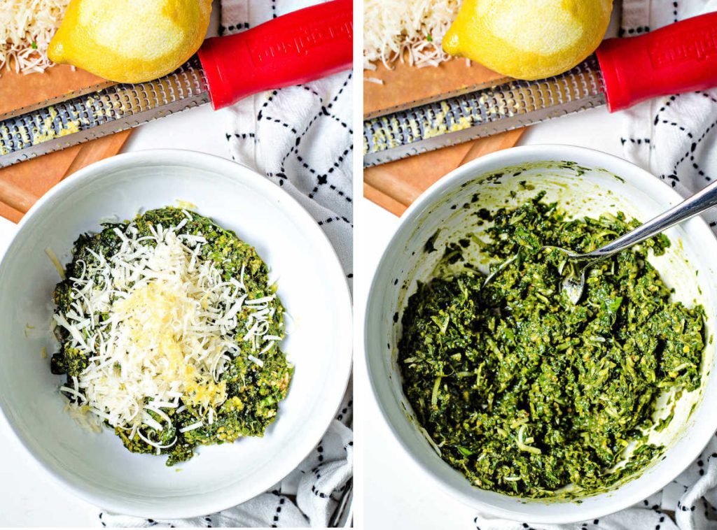 a bowl of pesto with parmesan cheese and lemon zest added to the top.