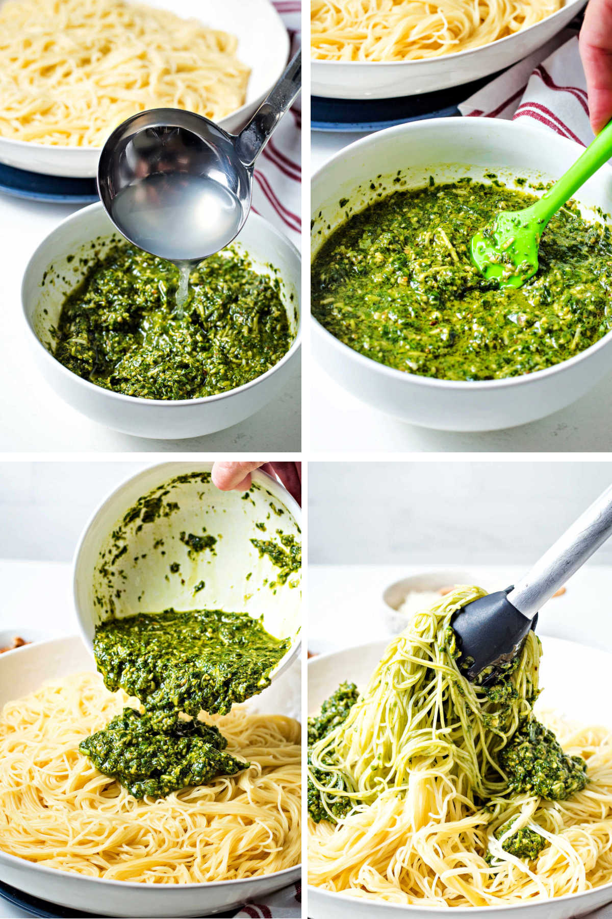 steps for making pesto pasta: adding a ladle of pasta boiling water to a bowl of pesto to make pasta sauce; tossing hot cooked spaghetti with basil pesto sauce.