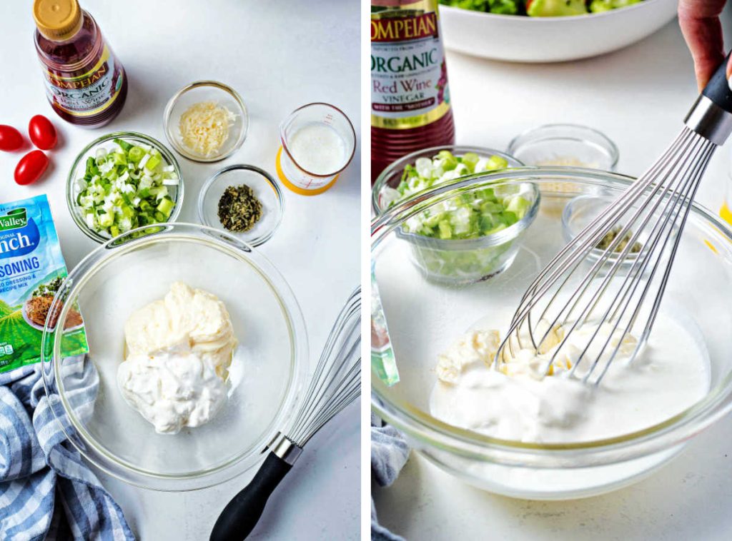 whisking together mayo, sour cream, and buttermilk for parmesan dressing.