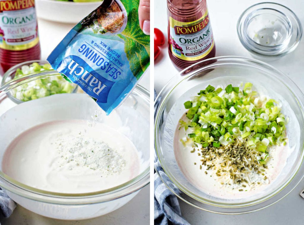 sprinkling a packet of Ranch seasoning and chopped green onions into a bowl of parmesan dressing.