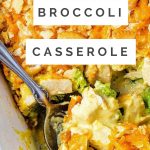 a serving spoon inserted into a baked chicken broccoli casserole.