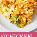a serving of chicken broccoli casserole on a plate.