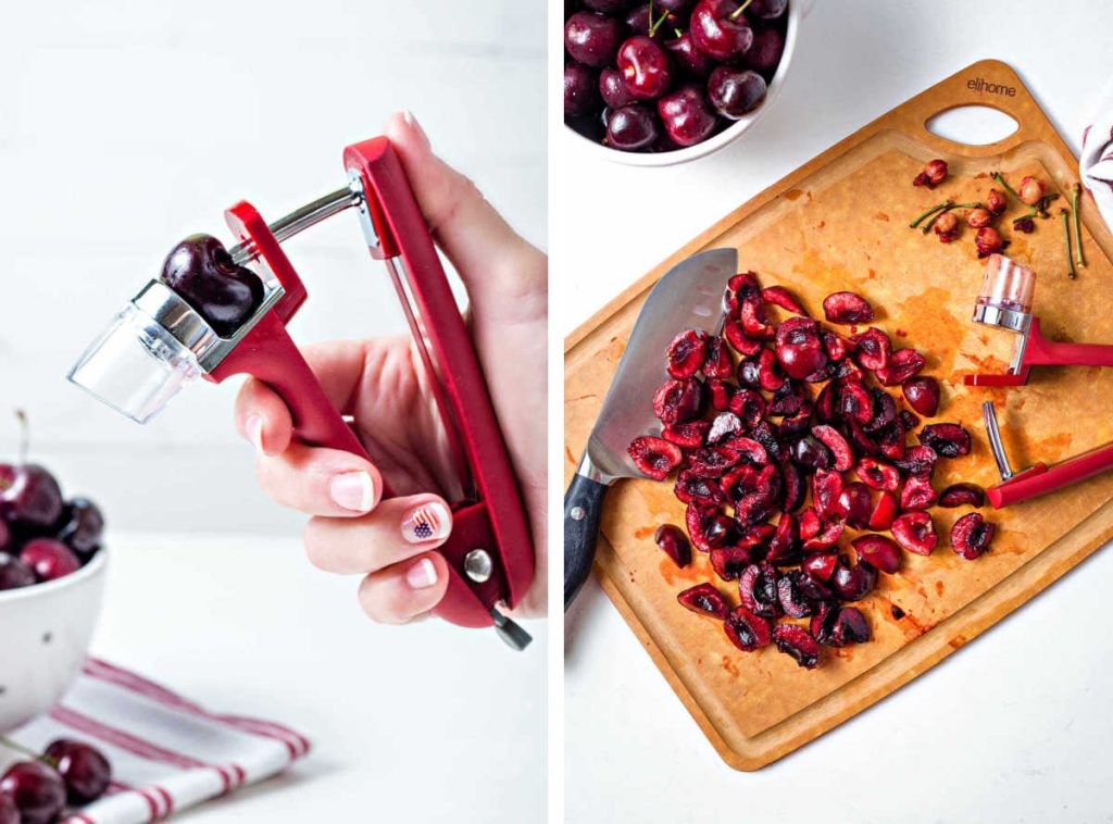 using a cherry pitter; chopped cherries on a cutting board.