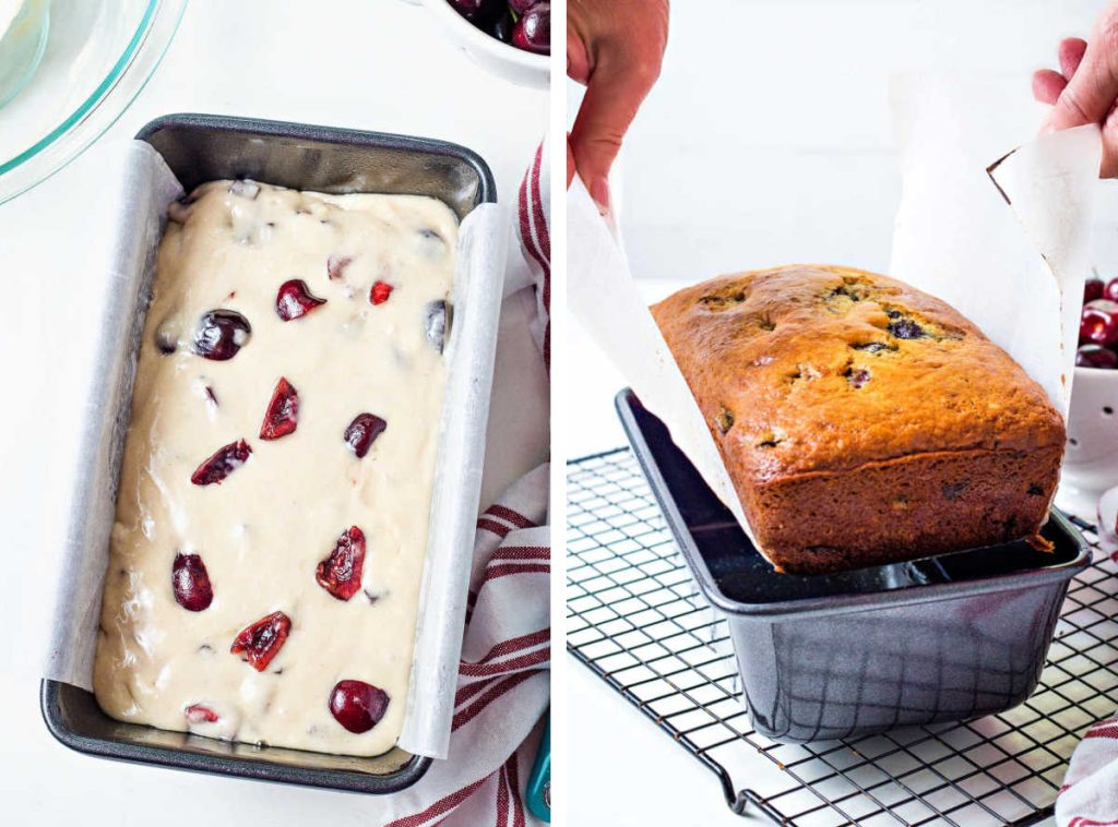 cherry bread batter in a loaf pan lined with parchment paper; lifting a loaf of cherry bread out of a loaf pan.