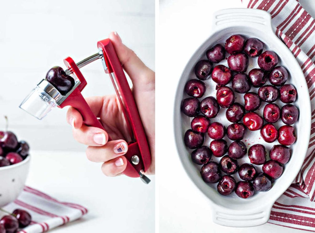 pitting cherries and placing them in a buttered baking dish for cherry clafoutis.