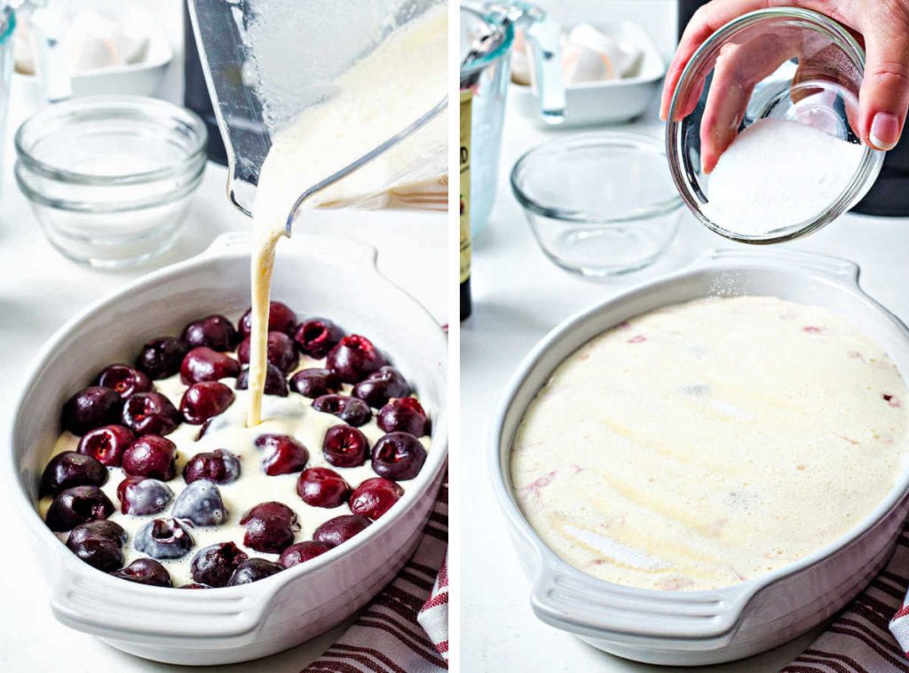 pouring custard batter over cherries in a baking dish; sprinkling sugar on top of the custard before baking cherry clafoutis.