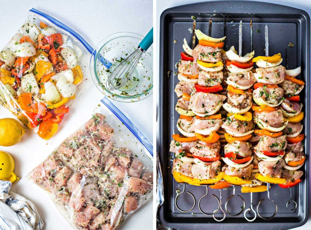raw chicken and vegetables in a marinade in ziplock bags; chicken and vegetables on metal skewers piled on a baking sheet.