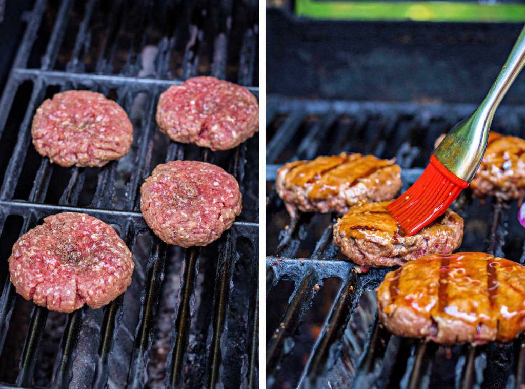 Hawaiian Burgers on a grill and basting them with sauce.