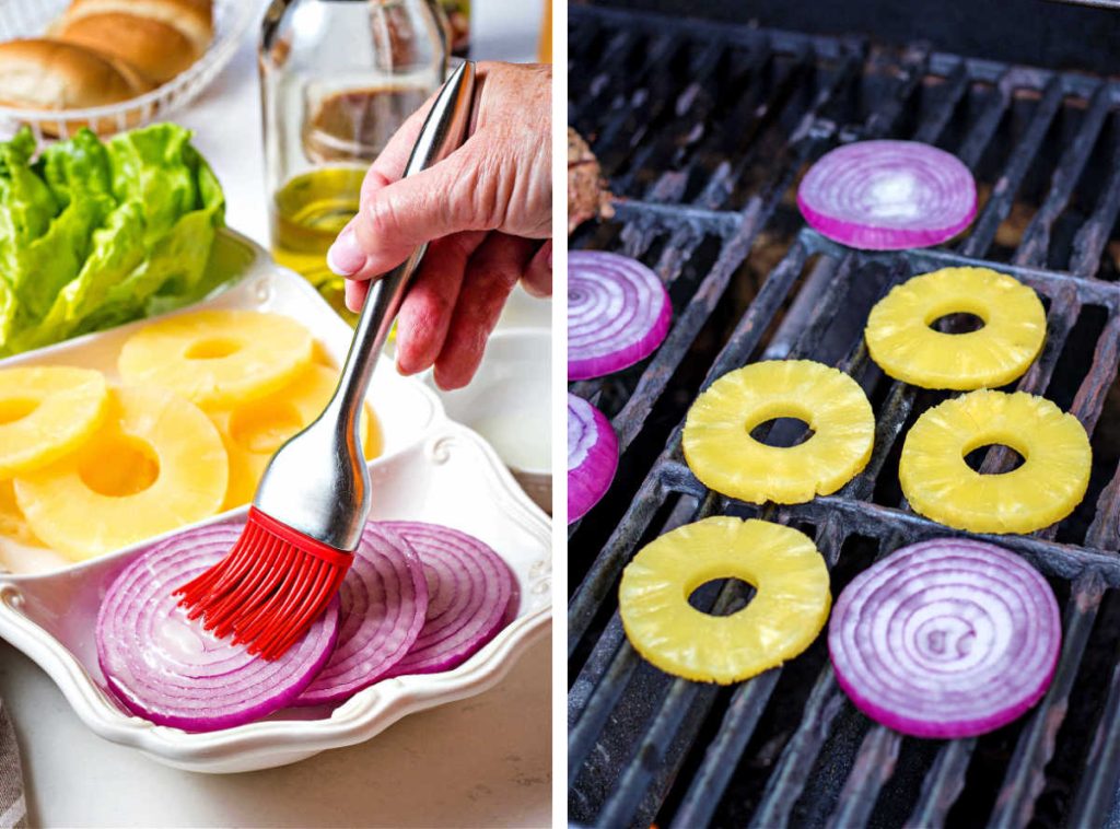 brushing onion slices with olive oil; pineapple rings and onion slices on a grill.