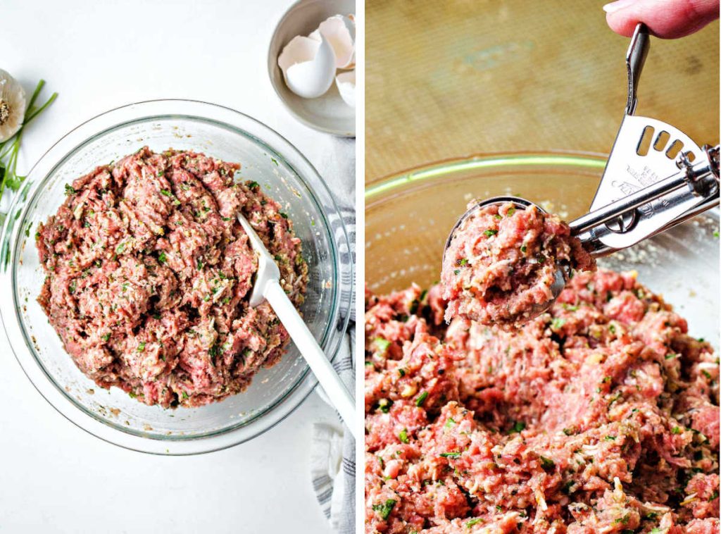 ground beef mixture for meatballs in a glass bowl; using an ice cream scoop to portion meatballs.