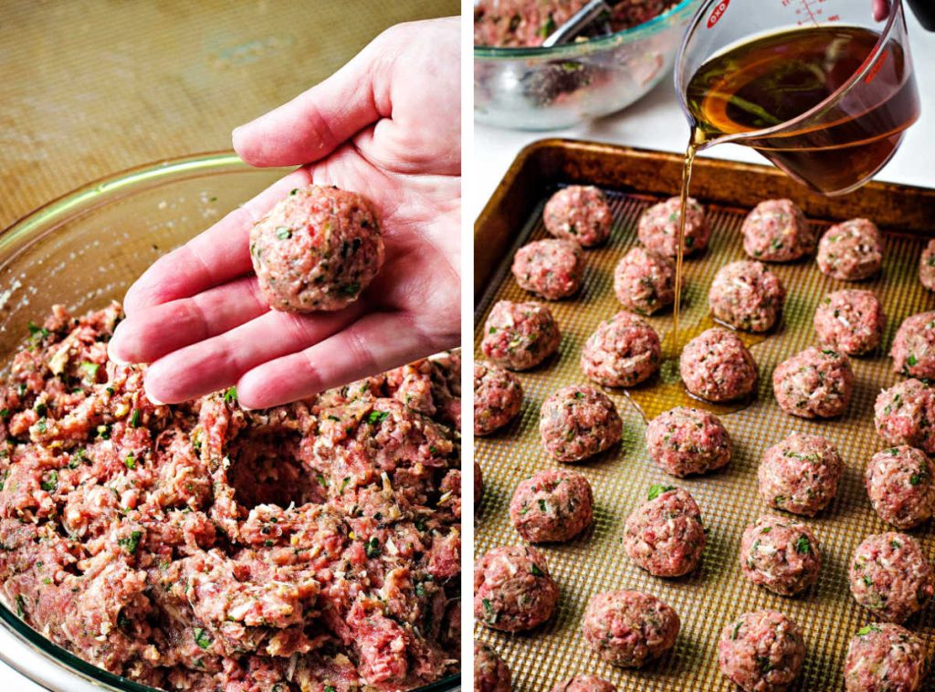 rolling a meatball in the palm of a hand; pouring beef broth onto a pan of meatballs ready for the oven.