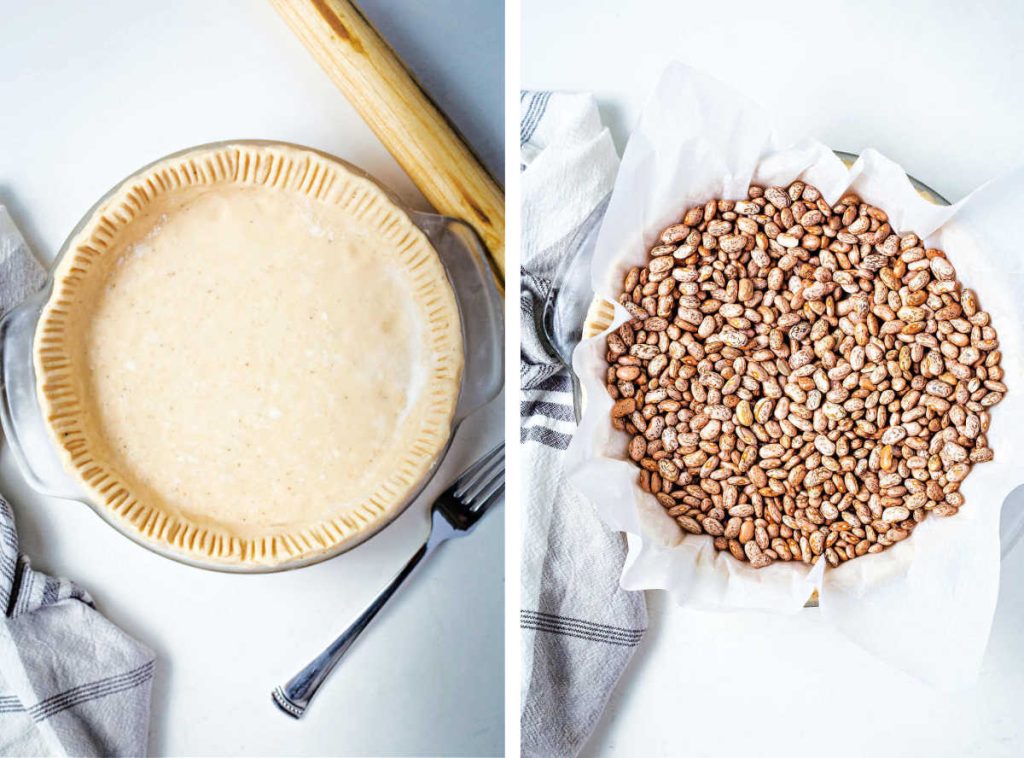 pie dough fitted into a pie plate and crimped with a fork; parchment paper and dried beans lining the pie crust for blind baking.