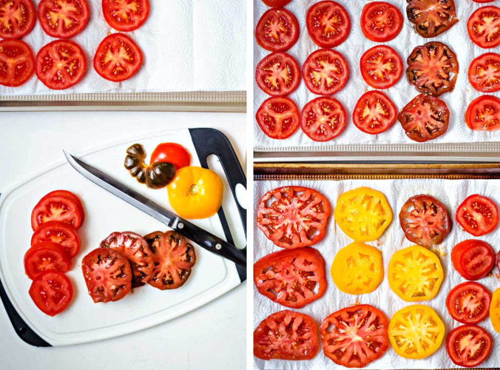 slicing tomatoes for tomato pie with a serrated knife.
