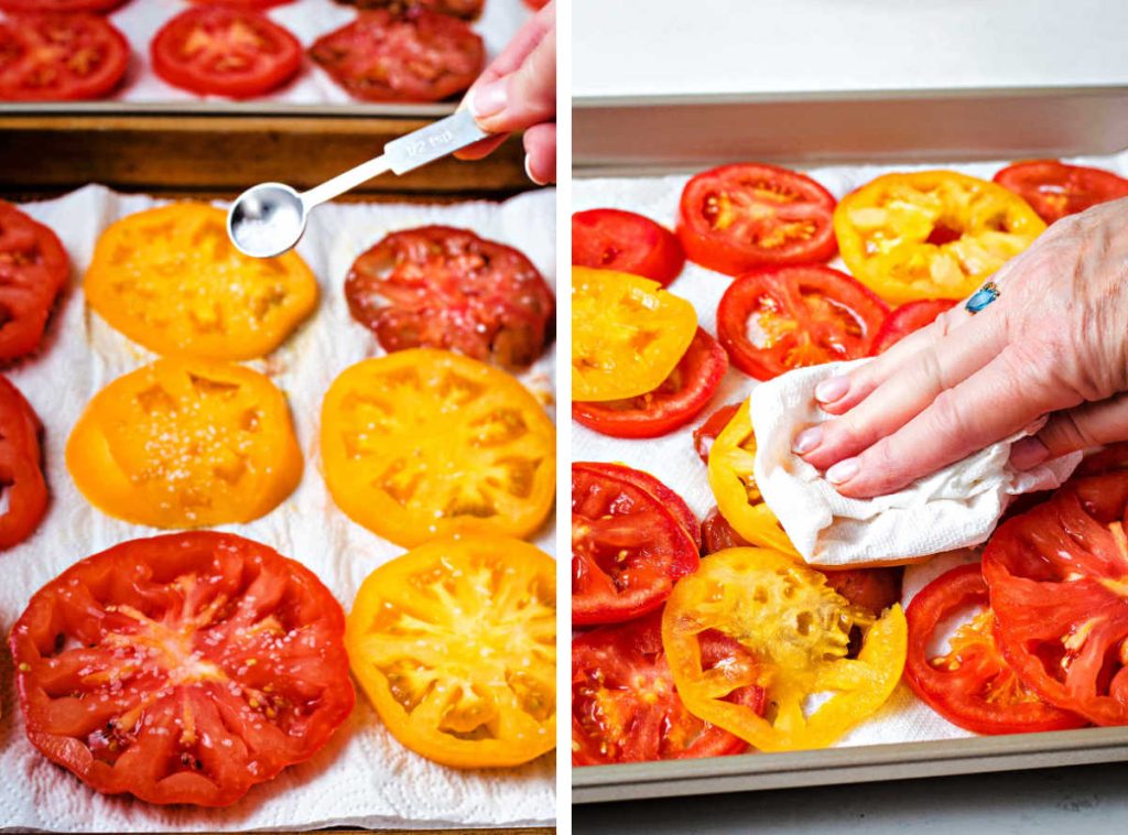sprinkling salt onto sliced tomatoes and patting them dry with a paper towel for tomato pie.