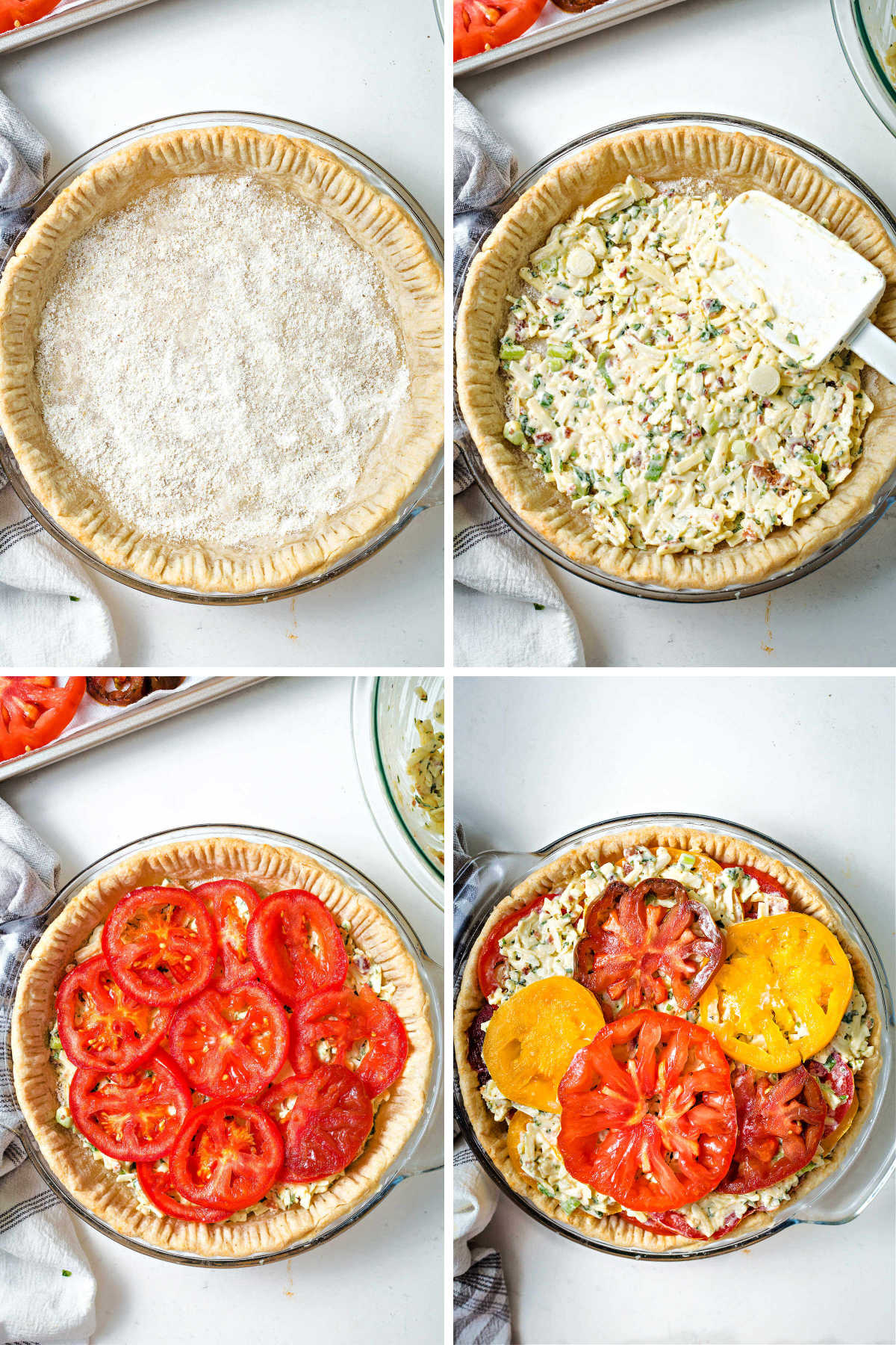 process steps for layering ingredients into a baked pie crust for tomato pie; dust the bottom with corn meal; spread cheese mixture alternately with tomato slices.